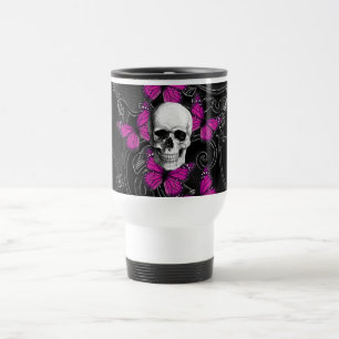 Fantasy skull and hot pink butterflies travel mug