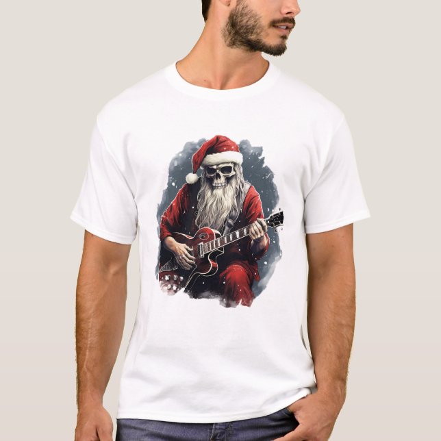Fantasy Skull Skeleton Santa Playing Guitar Night T-Shirt (Front)