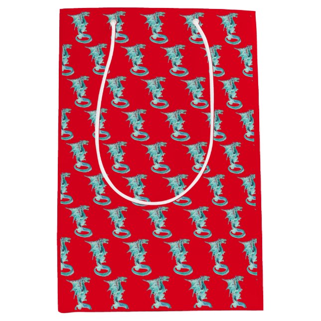 Fantasy Sky Blue Dragon – Majestic Fantasy Red Medium Gift Bag (Front)