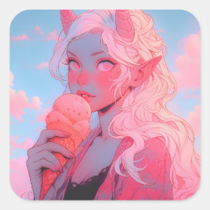 Fantasy Soft Pink Ice Cream Anime Girl Square Sticker
