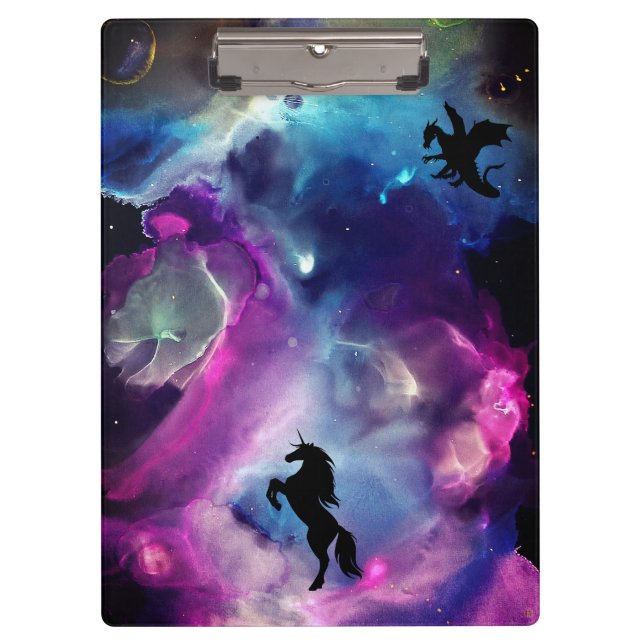 Fantasy Space Nebula Unicorn Dragon Pink blue  Clipboard (Front)