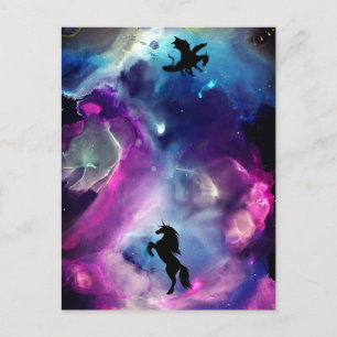 Fantasy Space Nebula Unicorn Dragon Pink blue Postcard