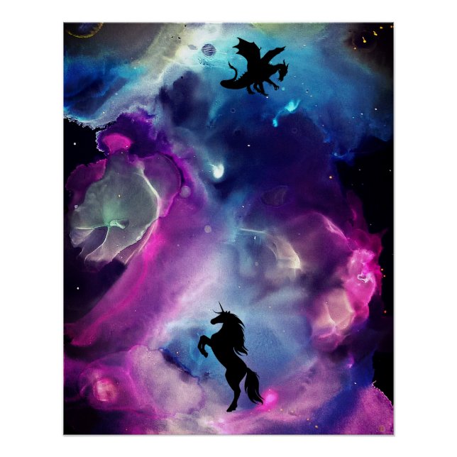 Fantasy Space Nebula Unicorn Dragon Pink blue Poster (Front)