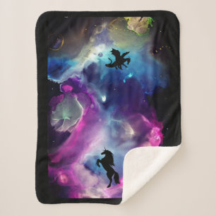 Fantasy Space Nebula Unicorn Dragon Pink blue Sherpa Blanket