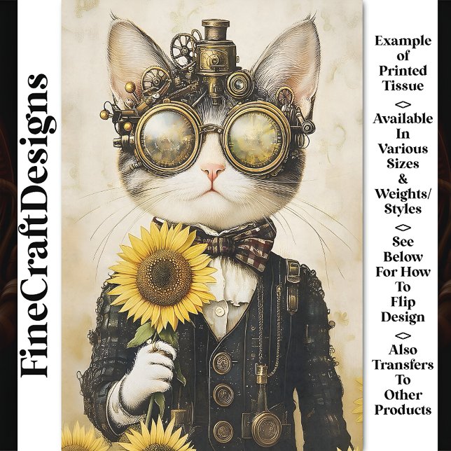 Fantasy Steampunk Cat, Sunflowers AL1H Decoupage Tissue Paper (Creator Uploaded)