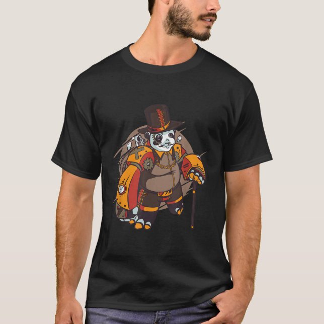Fantasy Steampunk Metal Robot Panda Mystical T-Shirt (Front)