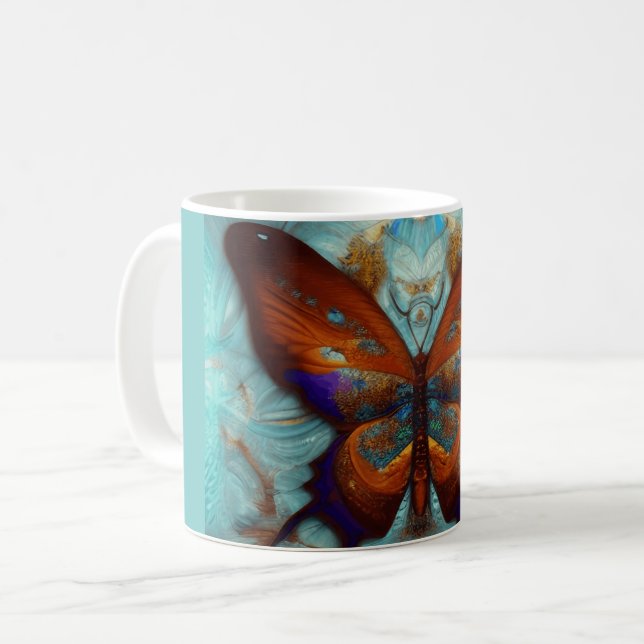Fantasy Steampunk Orange Butterfly Aqua Watercolor Coffee Mug (Front Left)