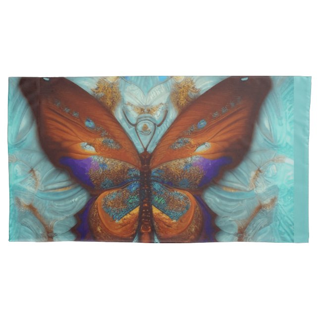 Fantasy Steampunk Orange Butterfly Aqua Watercolor Pillowcase (Front-Left)