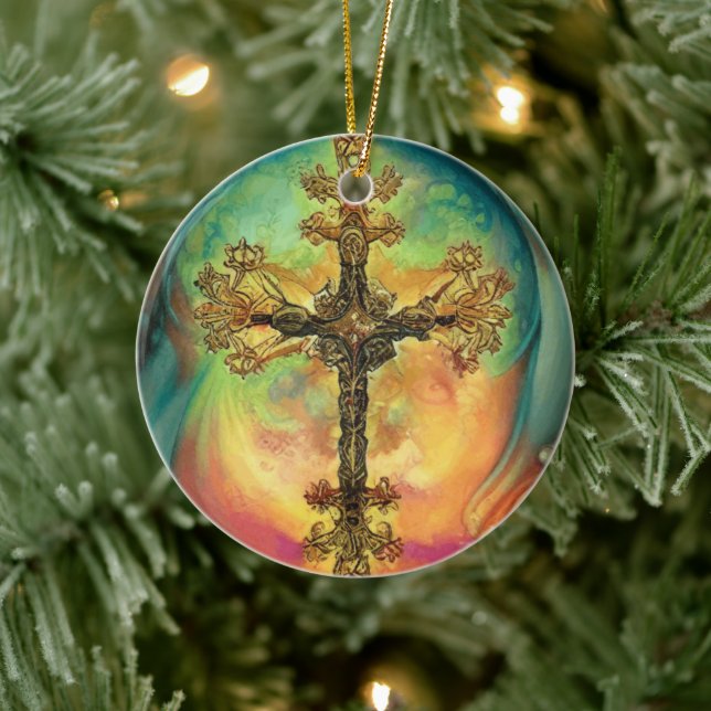 Fantasy Steampunk Ornate Cross In Aqua Ceramic Tree Decoration (Tree)