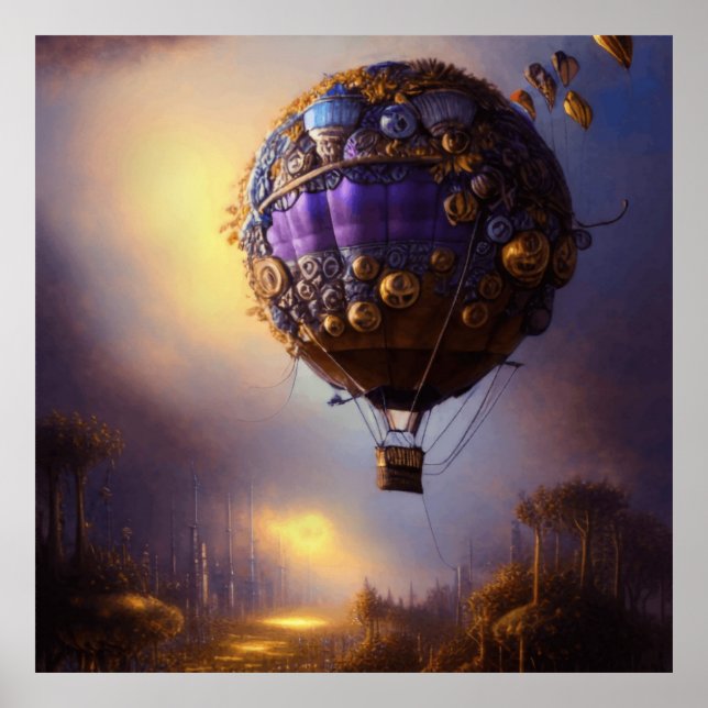 Fantasy Steampunk Purple Vintage Hot Air Balloon Poster (Front)