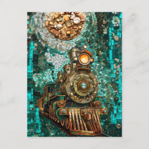 Fantasy Steampunk Train Aqua Faux Mosaic 066 Postcard