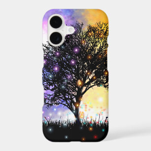 Fantasy sun moon sky with black silhouette tree