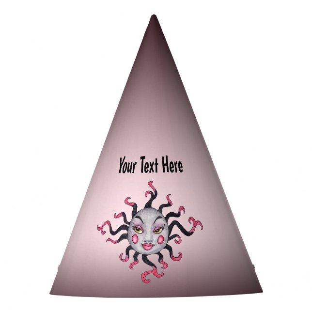 Fantasy Sun Pretty Face Scrolled Pink Black Rays  Party Hat (Front)