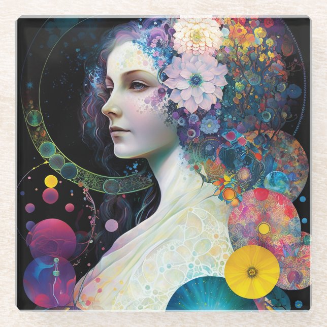Fantasy Surreal Cosmic Woman Goddess  Glass Coaster (Front)
