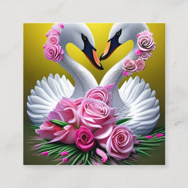 Fantasy Swan Couple Bouquet with Flowers and Heart Square Business Card (Front)