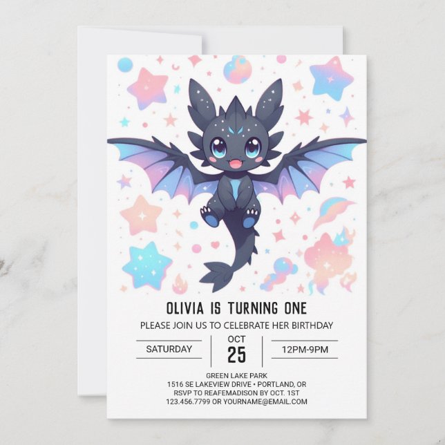 Fantasy Sweet Dragon 1st Birthday Invitation (Front)