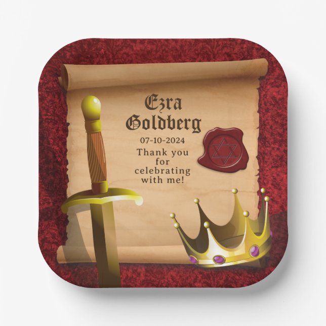 Fantasy Sword Crown Mediaeval Knight Bar Mitzvah Paper Plate (Front)