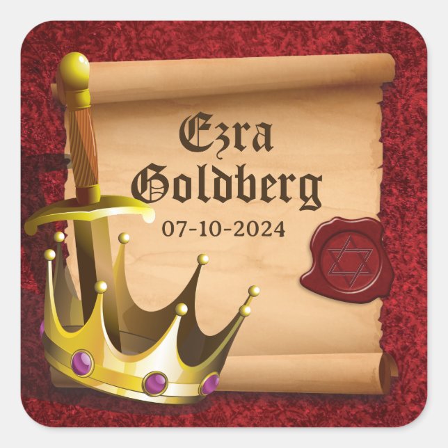 Fantasy Sword Crown Mediaeval Knight Bar Mitzvah Square Sticker (Front)