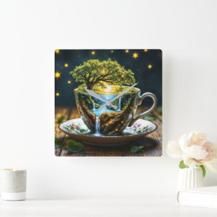 Fantasy teacup miniature world waterfalls square wall clock