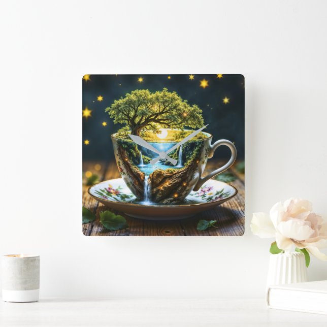 Fantasy teacup miniature world waterfalls square wall clock (Home)