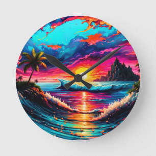 Fantasy Tropical Sunset Round Clock