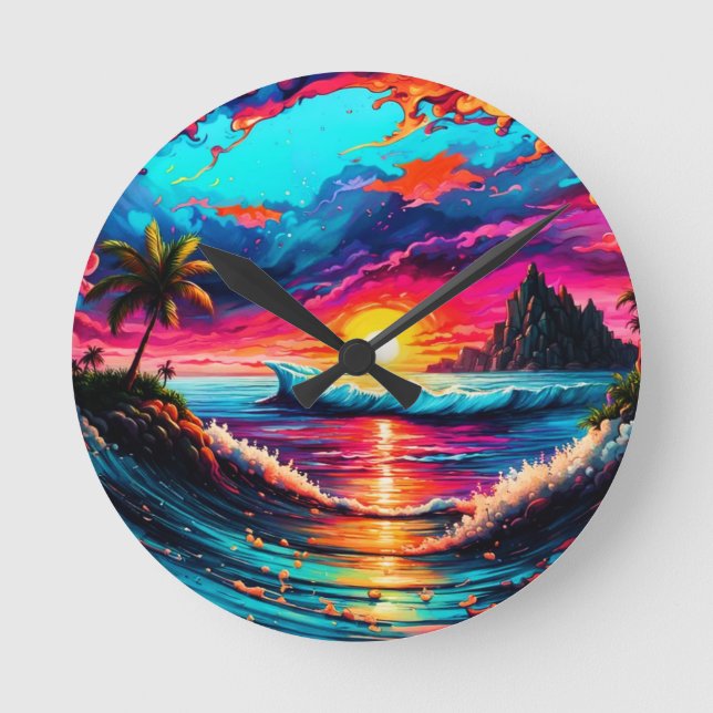 Fantasy Tropical Sunset Round Clock (Front)
