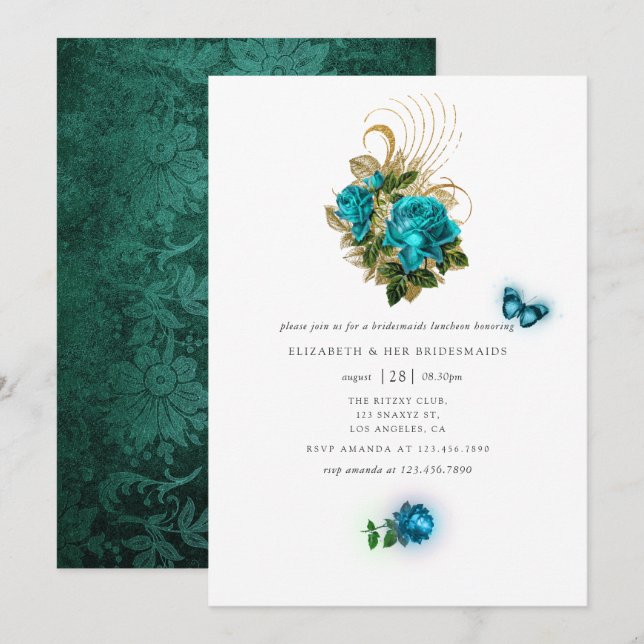 Fantasy Turquoise and Gold Bridesmaids Luncheon Invitation (Front/Back)