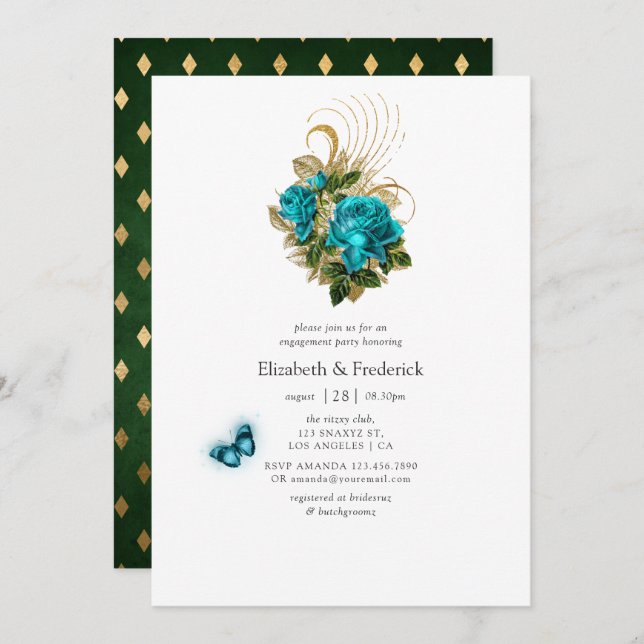 Fantasy Turquoise and Gold Engagement Party Invitation (Front/Back)