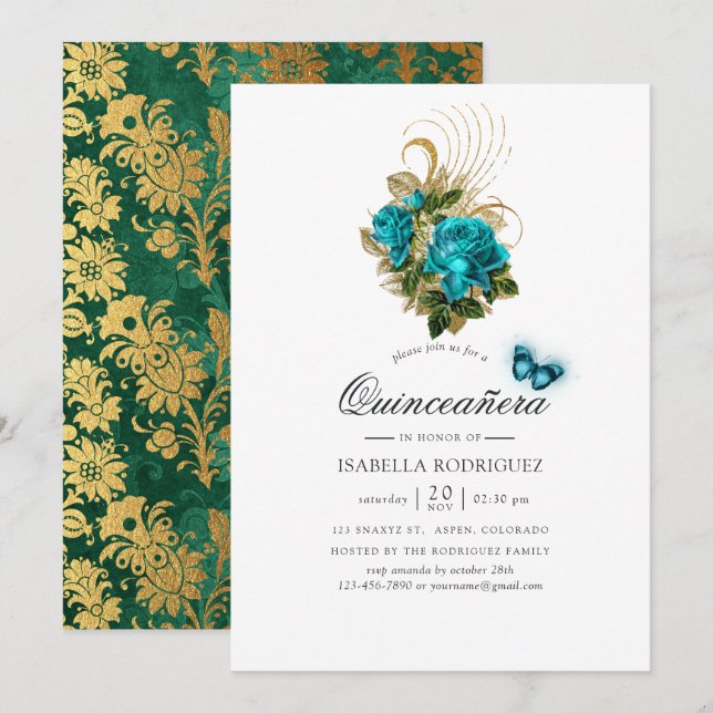 Fantasy Turquoise and Gold Quinceañera Invitation (Front/Back)