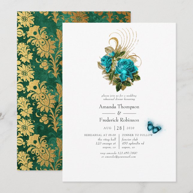 Fantasy Turquoise and Gold Rehearsal Dinner Invitation (Front/Back)