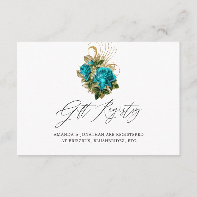 Fantasy Turquoise and Gold Wedding Gift Registry Enclosure Card (Front)