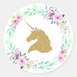 Fantasy Unicorn Floral Gold Classic Round Sticker