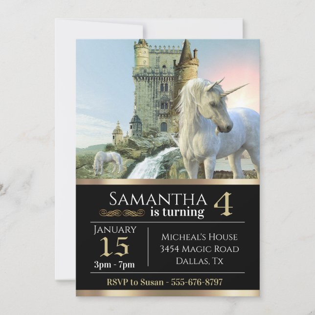 Fantasy Unicorn Mediaeval Castle Metallic Birthday Invitation (Front)