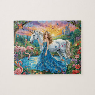 Fantasy Unicorn Princess Castle Flamingo Art Jigsaw Puzzle