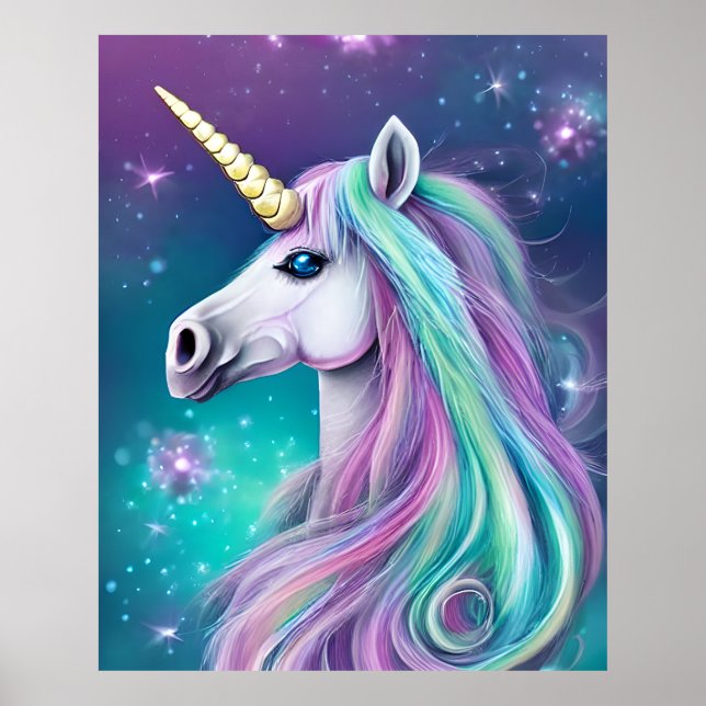 Fantasy Unicorn with Blue and Pink Hair Poster (Front)