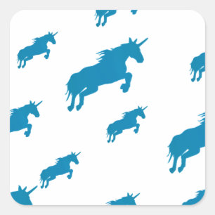 fantasy unicorns magical pattern white and blue square sticker
