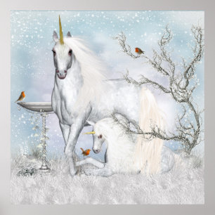 Fantasy Unicorns With Robins Wall Poster