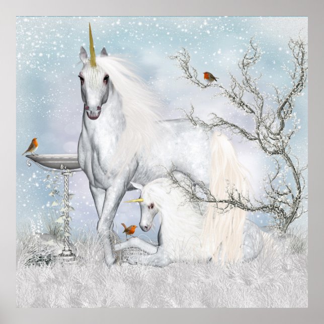 Fantasy Unicorns With Robins Wall Poster (Front)