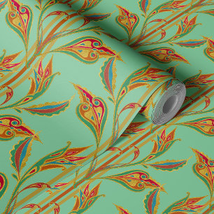 Fantasy vine of gold, red, gree, leaves on jade wallpaper