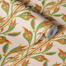 Fantasy Vine of red, green, gold leaves on blush 