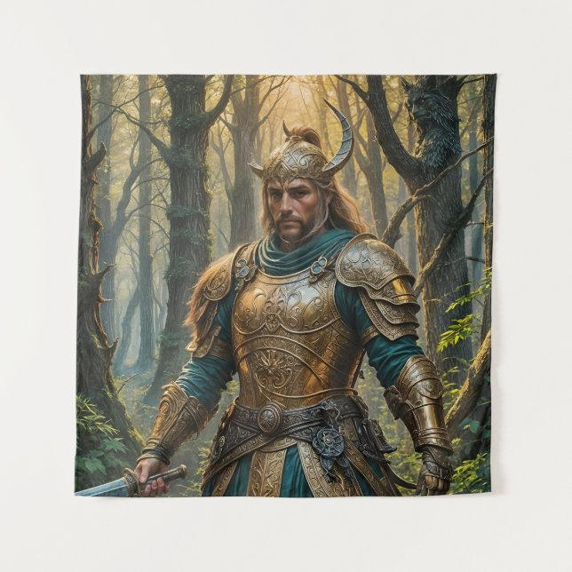 Fantasy Warrior in Golden Armour Tapestry (Front)