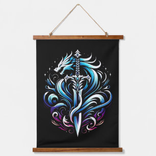 Fantasy Warrior Mystic Dragon Sword Flame Hanging Tapestry