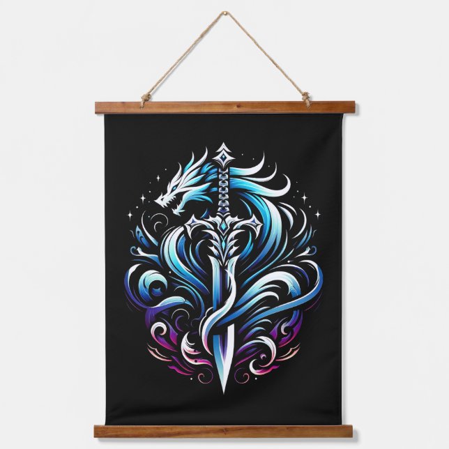 Fantasy Warrior Mystic Dragon Sword Flame Hanging Tapestry (Front)