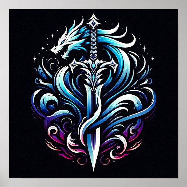Fantasy Warrior Mystic Dragon Sword Flame Poster (Front)