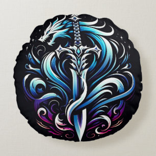 Fantasy Warrior Mystic Dragon Sword Flame Round Cushion