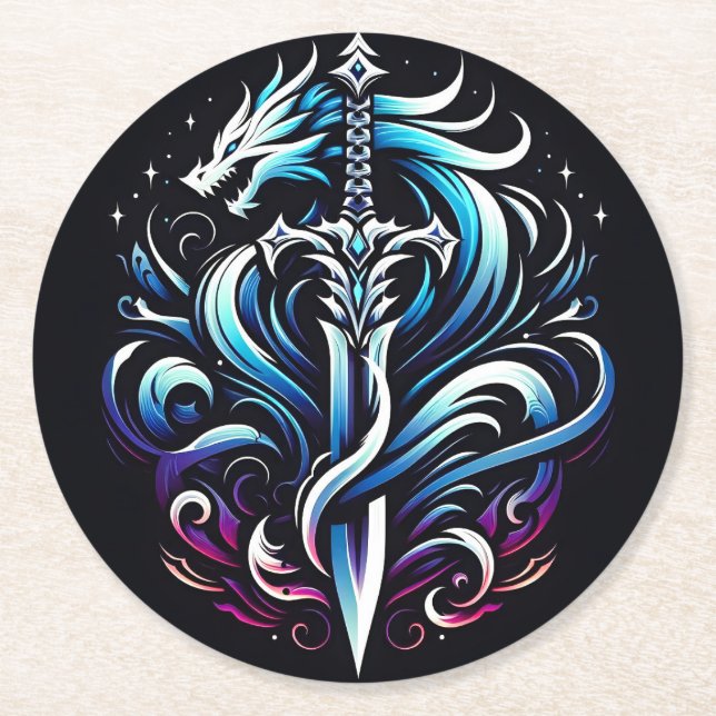Fantasy Warrior Mystic Dragon Sword Flame Round Paper Coaster (Front)