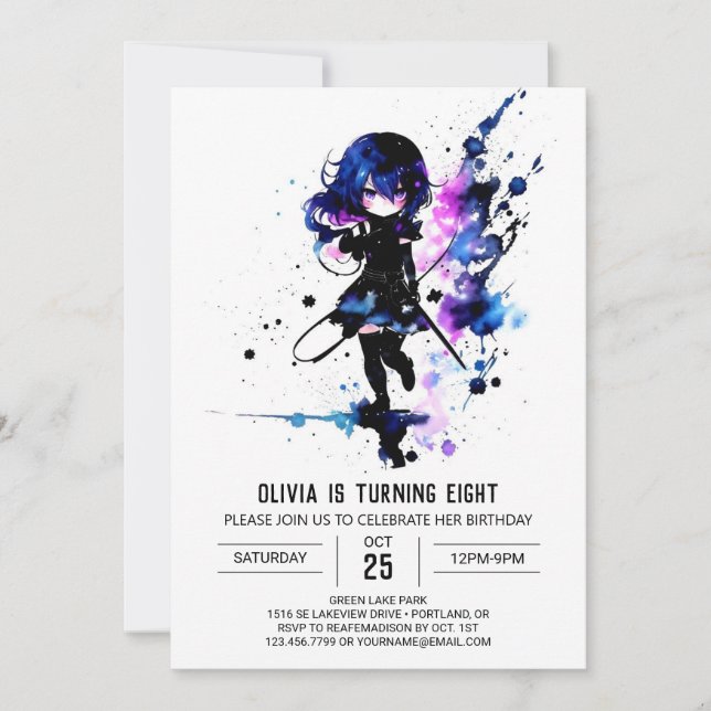 Fantasy Warrior Ninja Digital Girl Birthday Invitation (Front)