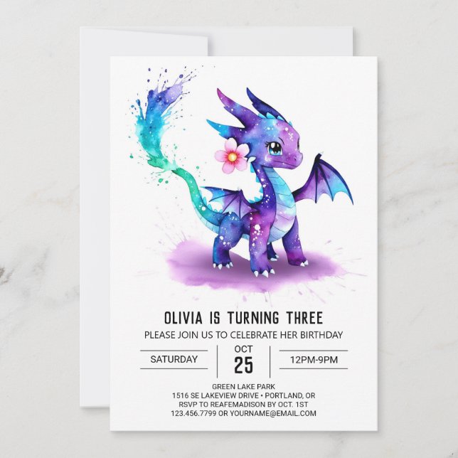 Fantasy Watercolor Dragon Digital Girl Birthday Invitation (Front)