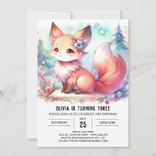Fantasy Watercolor Fox Birthday digital Invitation