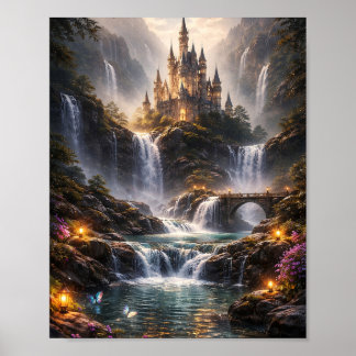 Fantasy Waterfall Castle Poster